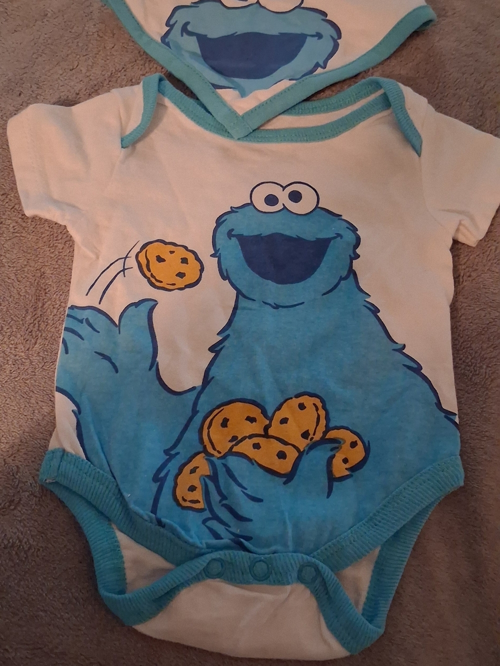 Baby Sesame Street Cookie Monster White and Blue Graphic One-Piece